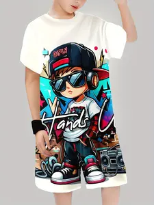 Boys' Cartoon Print Tracksuit Set, Casual Fitted Short Pants & Top, Summer Lightweight Breathable Quick-Dry, Golf Fishing Basketball Camping Gym