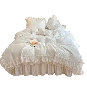 Luxury All-Cotton 100% Pure Cotton White Four-Piece Set Princess-Style Ruffled Duvet Cover Lace Internet-Famous Bed Skirt Bedding Set Luxurious Pink queen comforter
