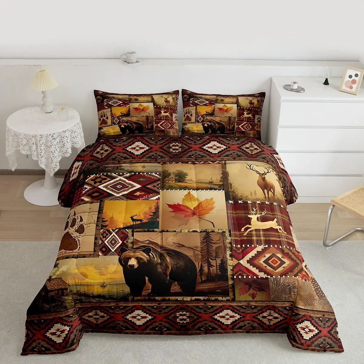 Vintage Rustic Comforter Farmhouse Lodge Bear Deer Bedding Set Country Cabin Bedding Western Maple Leaf Retro Pine Trees Duvet Insert Room Decor