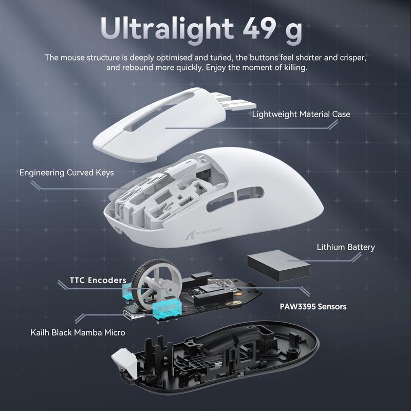 ATTACK SHARK X3 Wireless Gaming Mouse PAW3395 Superlight 49g SUPERLIGHT, PixArt PAW3395 Gaming Sensor, BT/2.4G Wireless/Wired, 6 Adjustable DPI up to 26000, 200 hrs Battery