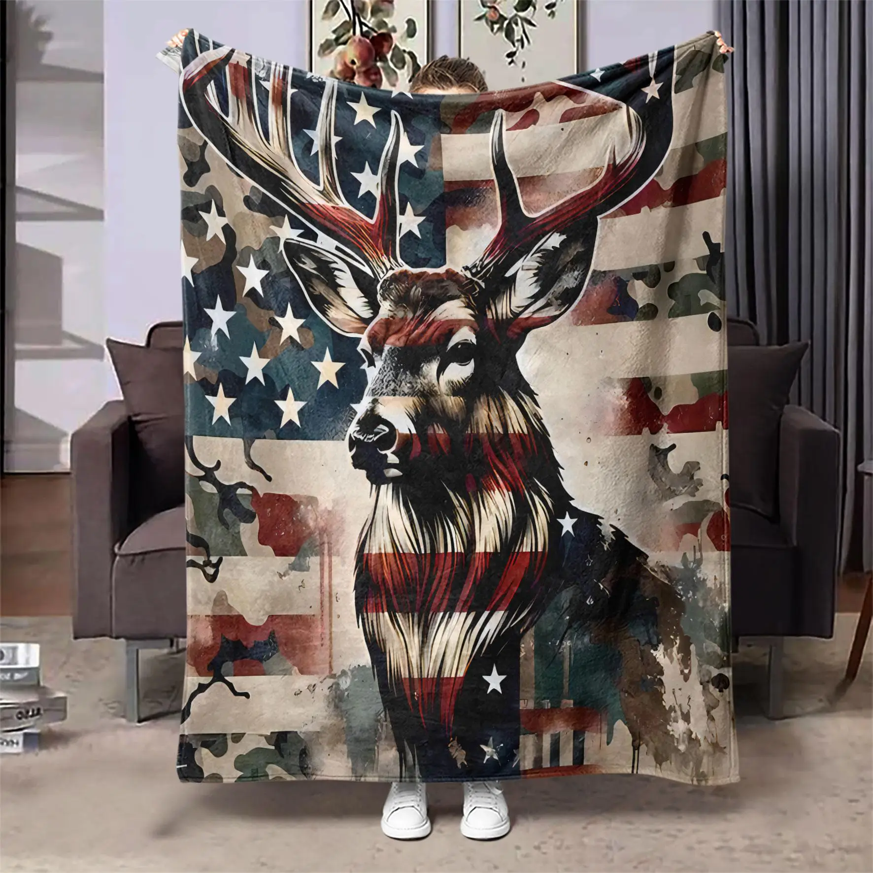 Deer & American Flag Pattern Blanket, 1 Count/2 Counts Soft Warm Throw Blanket, Air-conditioned Room Accessories Blanket for Home Office Travel Campin