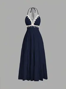 Women's Shell-Trimmed Halter Dress, Halter Neck, Bohemian Layered Cake Skirt, Beach Long Dress, Ethnic Style, Vacation Wear, Romantic Date, Womenswear