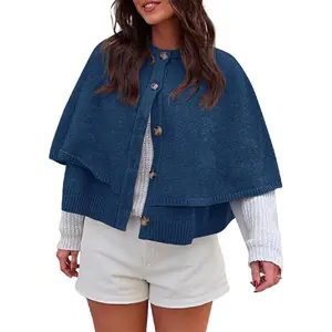 Womens Cape Cardigan Knit Button Up Crew Neck Fall Trendy Cropped Loose Sweater Jacket
