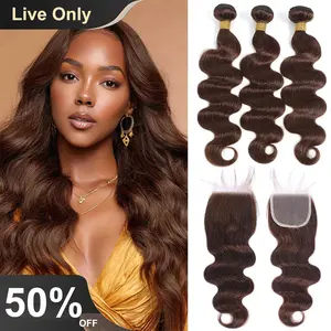 {Live only} 100% human hair 10A Light Brown Body Wave Human Hair Bundles with Lace Closure  grossy hair bundles with closure Raw human hair bundles with Frontal Brazilian Virgin Hair 3 Bundles with Lace frontal with Baby Hair deals for you days