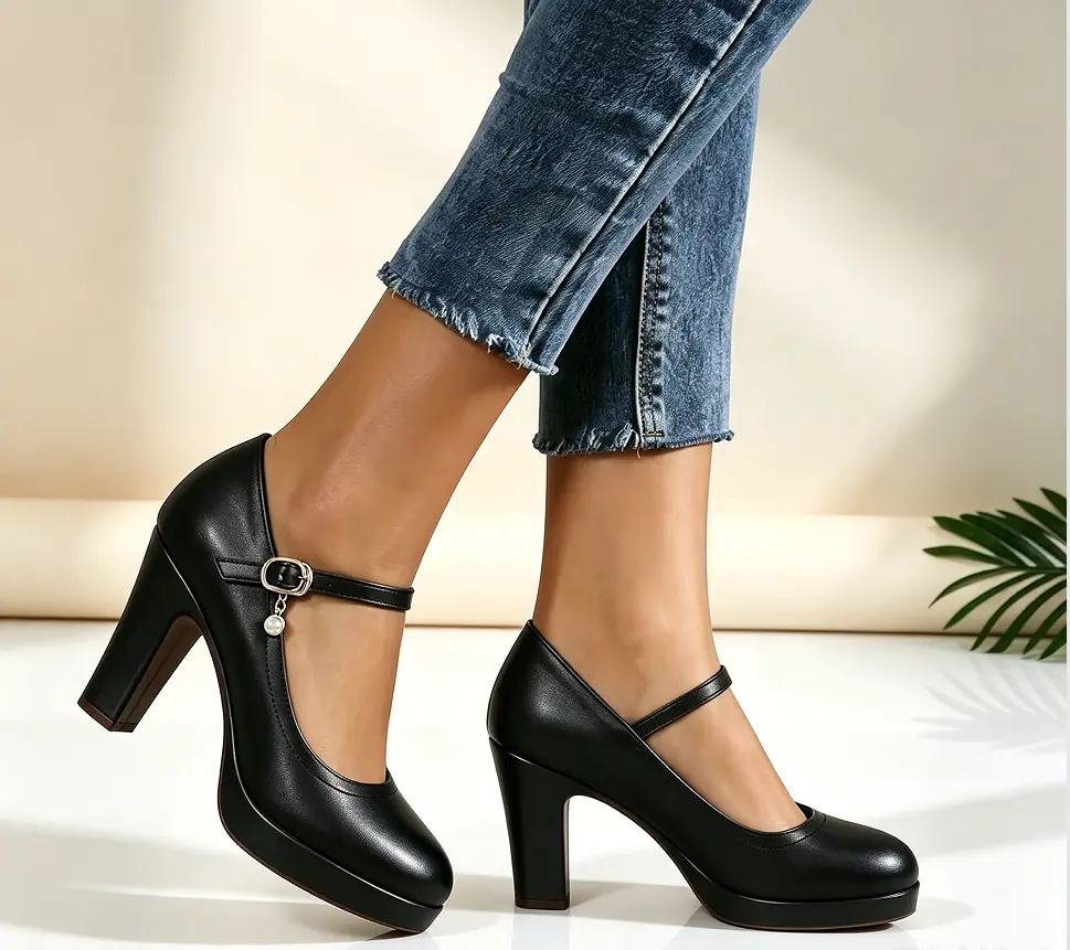 Women's Black Leather Chunky High Heeled Pumps - Thick Sole, Retro Fashion, Stylish Dress Shoes for Party Occasions, Black High Heels, Heels, Chic