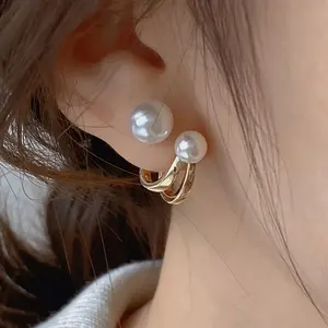 Classic Round Faux White Beaded Earrings - Metal Studs with Unpolished Finish, Metal Ear Posts, Versatile Accessory for Casual & Occasional Wear
