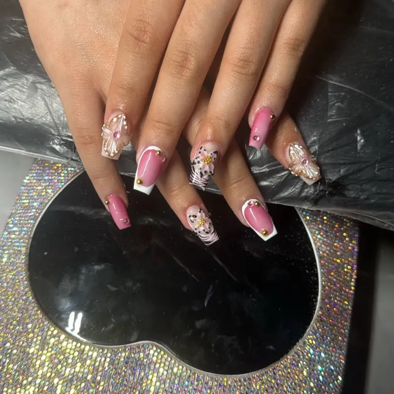 Zebra Pink French Tip Press  on Nails - Elegant Design with Glitter Accents