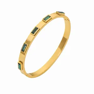 Emerald Hinged Cuff Bangle Bracelet 18K Gold Plated Stainless Steel Waterproof Tarnish Free