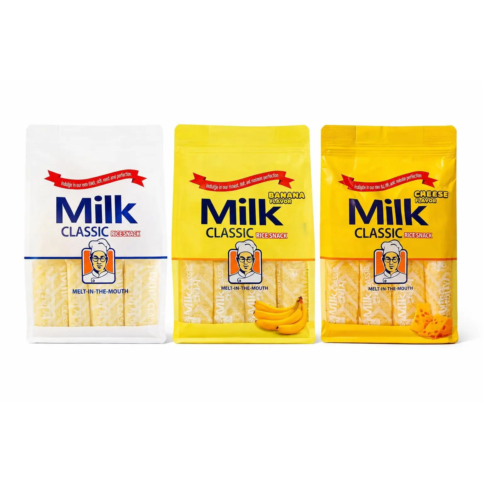 NEW - Milk Rice Snack Variety Pack – 3 Flavors (Milk, Banana & Cheese), Non-Fried Crispy Korean Rice Snack, Individually Wrapped Kids School Snack, Melt-in-the-Mouth Rice Crackers