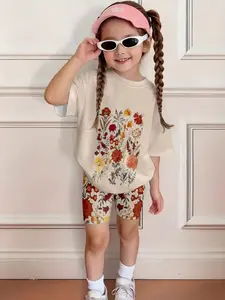 Girls' Summer Short Sleeve Set, Vintage Floral Print Tee & Cycling Shorts, Casual Two-Piece, Natural Waist H-Type Design