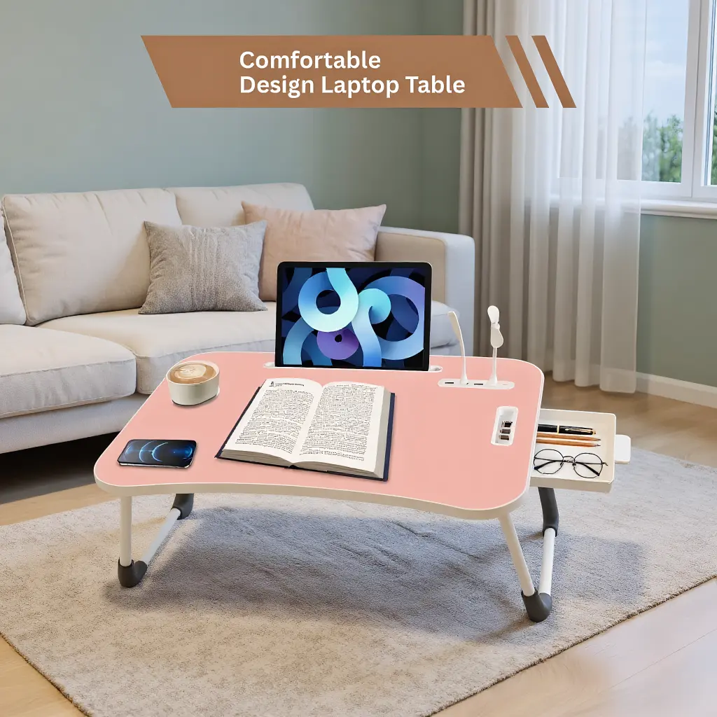 Stable Laptop Bed Desk - Foldable Folding Worktable, Computer Working Desk with Drawers, 4 USB Ports, Cup Holder for Home Office Storage Organization