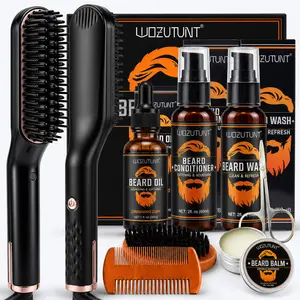 Men's Grooming Straightener Kit - Heated Brush, Oil, Balm, Conditioner, Wash, Comb, Travel-Friendly, Auto Shut-Off, Anti-Scald for All Hair Types, Unique Gift for Him