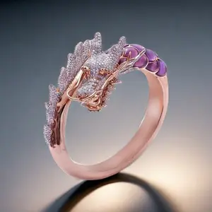 1pc Vintage Dragon Ring for Women - Rose Golden Plated Copper Jewelry with Purple Synthetic Zirconia Inlay, Intricate Dragon Design Birthday Gift for Her
