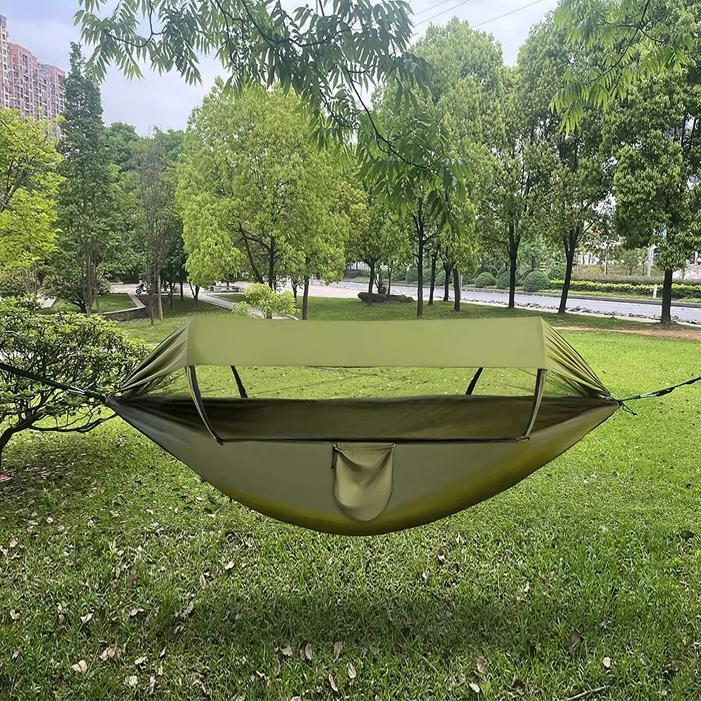 Outdoor Swing Bed Dual Anti-Tip Automatic Opening Swinging Mosquito Net Hammock Outdoor Camping Sunshade Tent Hammock Hanging
