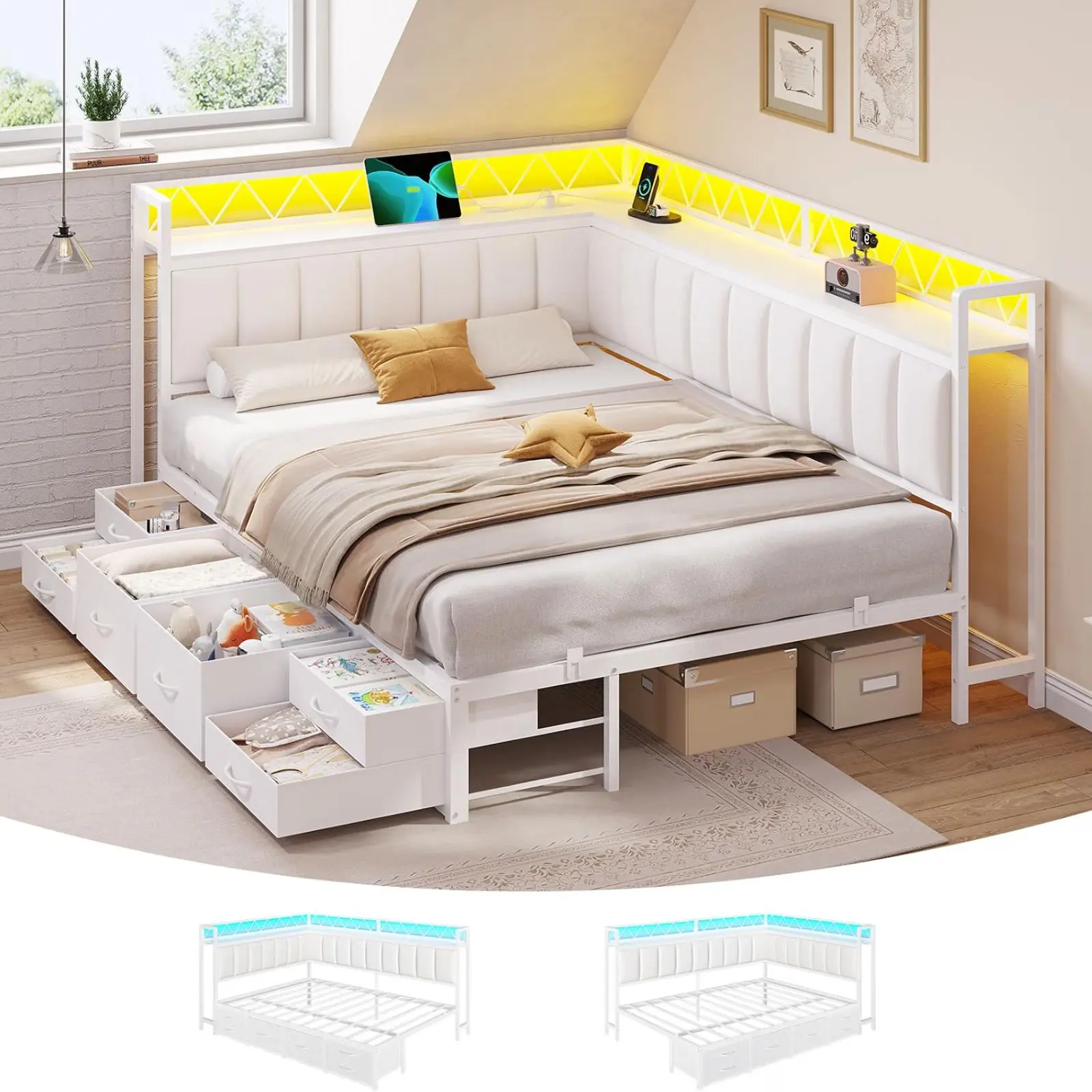 [TiktokShopStockUp] Sikaic Corner Bed Frame with 6 Storage Drawers, Open Shelves, Charging Station, Twin/Full/Queen Size Daybed with Led Lights,Upholstered Headboard & Guardrail, Modern Platform Bed Frames for Kids Teens Adult