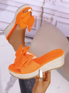 Summer New Women's Solid Color Wedge Sandals, Round Toe Bow Thick Sole Slip-On Shoes, Fashion Comfortable Casual Footwear, Fashionable Wedge Shoes, Wedged Sandals