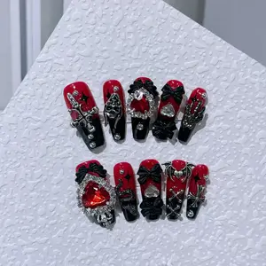 J30 Handmade Nail Wear - Black & Red Halo Mined Removable Press on Nails with Black Finish Glitter Rhinestone