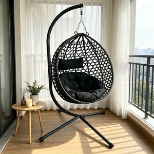 Foldable PE Rattan Hanging Egg Chair with Aluminum-Steel Stand, Indoor-Outdoor Hammock Swing Basket for Patio, Balcony