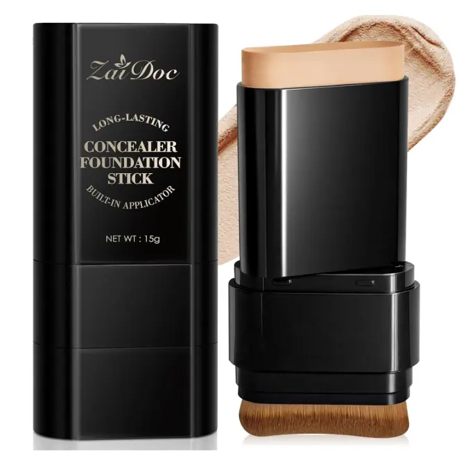 Foundation Stick, Dual-Ended with Brush, 2-in-1 Longwear & Waterproof, Natural Full Makeup Concealer Coverage for Dark Circles & Blemishes with Hydrating Olive & Camellia, 2.09 oz (03#)