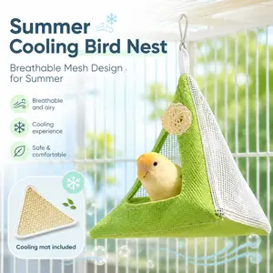 Summer Mesh Parrot Hanging Tent, Breathable Triangle Bird Cooling Nest with Detachable Cooling Mat & Rattan Chew Ball for Budgies, Lovebirds, Cockatiels