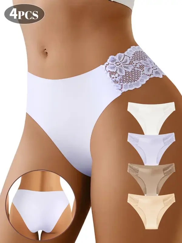 QUASTI 4-Piece Low-Rise Elegant Lace Breathable Panties for Women, Soft, Smooth, High-Elastane, Seamless, and Super Comfortable Skin-Friendly Womenswear, Sizes S-XXL