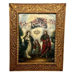 18th Century Holy Family Jesus & Joseph Painting Gilded Frame