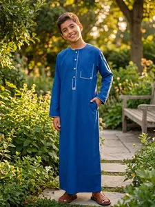 Muslim Boy Blue Gandoura, Round Neck Square Button Design, Side Pockets, Suitable for Ages 8-12, Daily Wear, Eid, Father's Day Gift