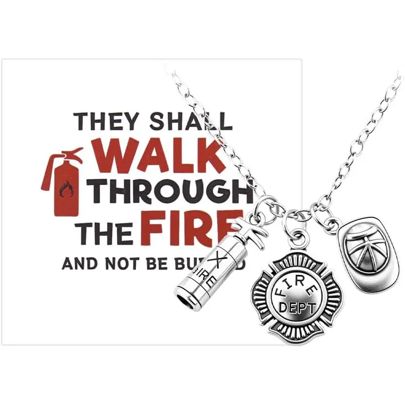 Firefighter Fireman Necklace for Women Men Appreciation Gifts Fire Dept Badge Extinguisher Helmet Pendant with Card for Fire Fighter Extinguisher Blessing Gift Fireman Amulet Medal Necklace