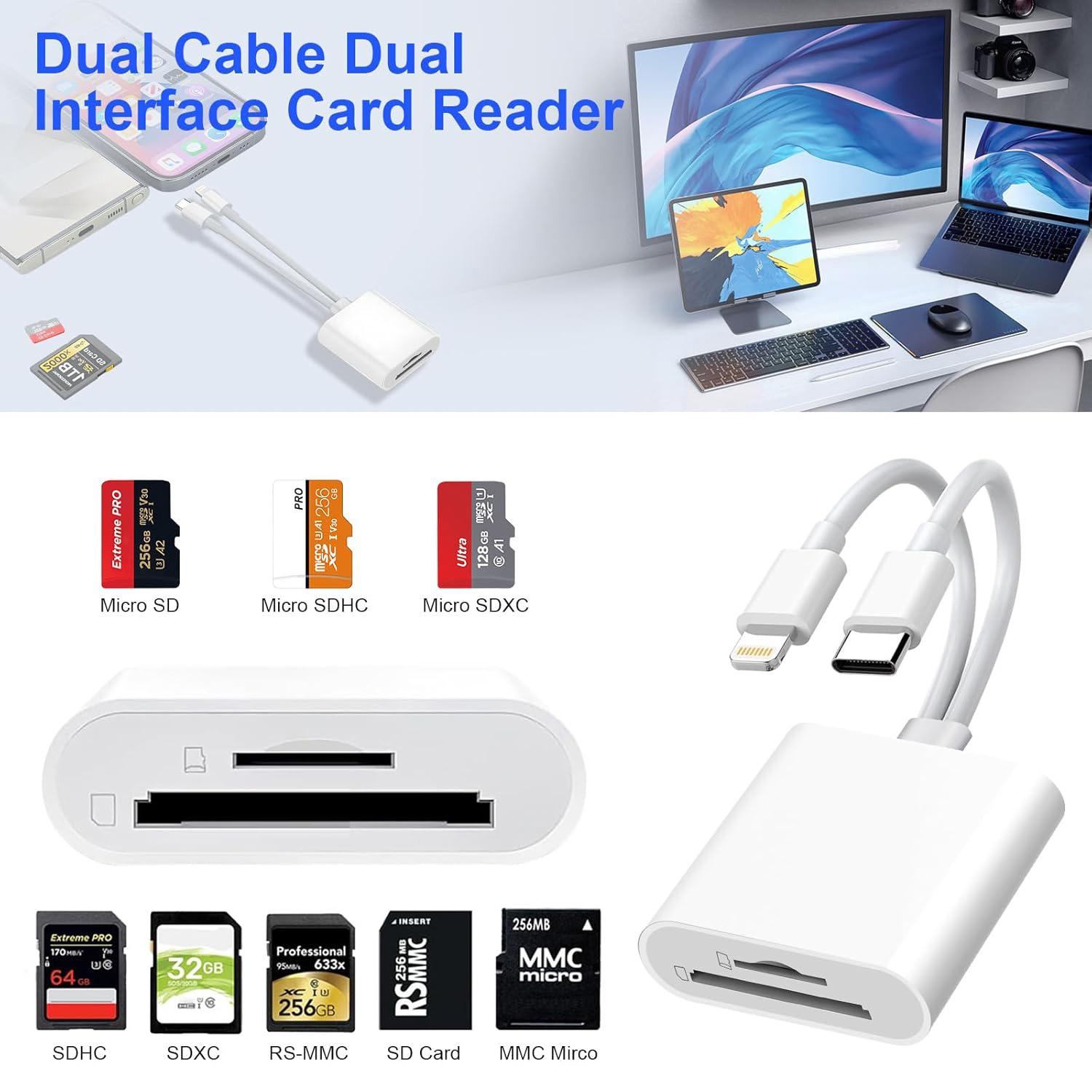 2-in-1 SD Card Reader for iPhone, iPad, USB-C & Lightning Dual Connector Digital Camera Adapter to iPhone, High-Speed Trail Camera Memory Card Viewer, Fast Transfer, Plug & Play, No App Needed