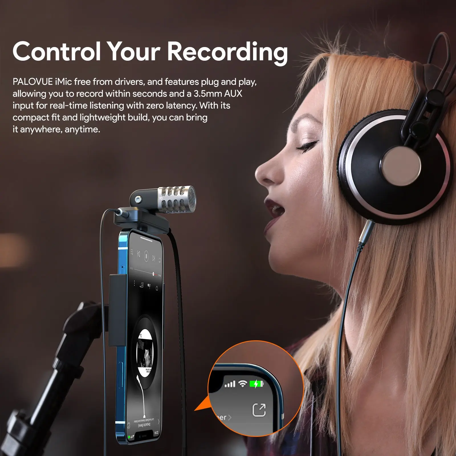 PALOVUE MFi Certified Portable Microphone with Lightning Connector for iPhone/iPad - Professional Stereo Condenser Mic with Charging Port & 3.5mm Headphone Jack, Ideal for Recording & Live Streaming, Cardioid, Digital