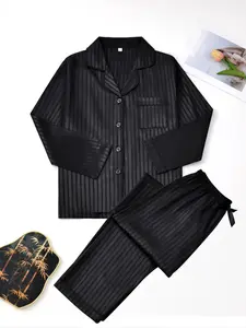 Women's Striped Jacquard Satin Woven Lightweight Pajama Set, Nightwear, Loungewear, Casual Short Sleeve Button Front Top & Elastic Pants, Home Wear & Leisure Clothing