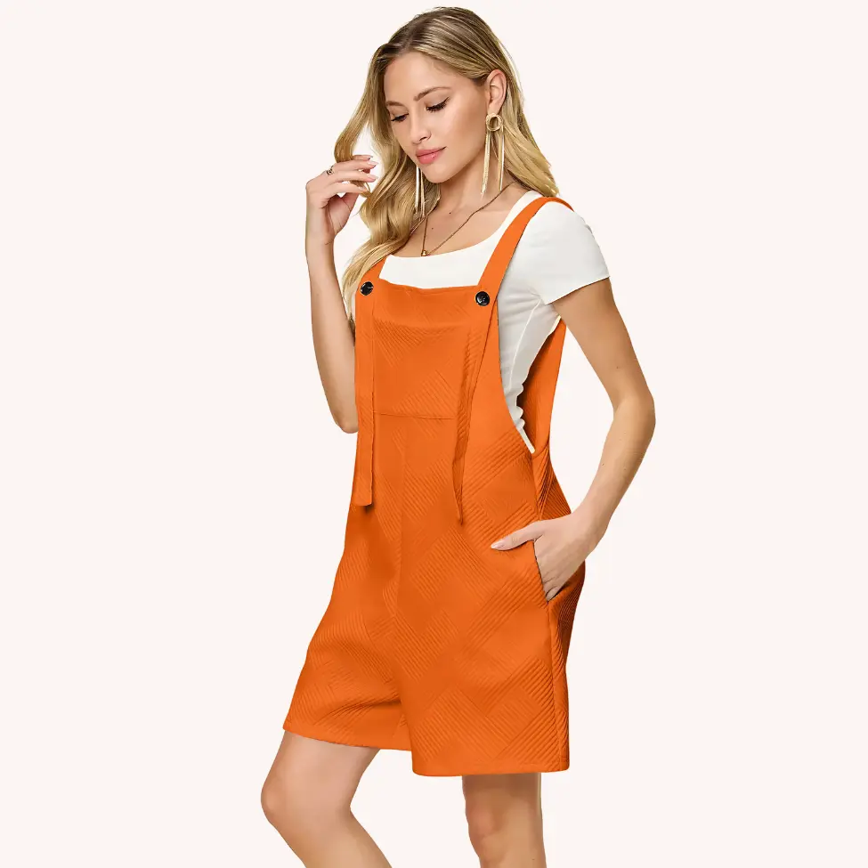 Textured Sleeveless Overall Romper - Casual Summer Layer for Women's Outfits in Orange with Pockets Fabric Womenswear