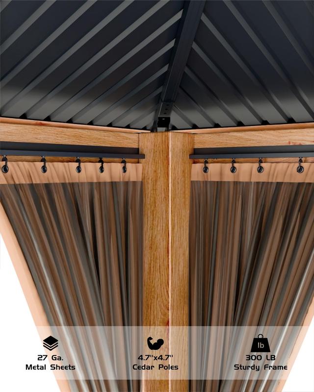 GARVEE Hardtop Wood Gazebo 10'x10' for All Weather, with Double Metal Roof, Heavy Duty Wooden Frame, Net, and Curtain, Permanent Building for Patio, Deck, Backyard, Lawn, and Garden, Khaki