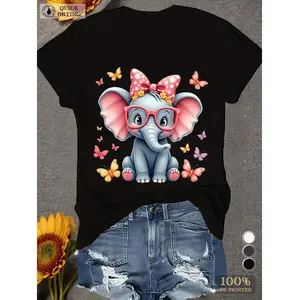 Stylish Plus Size Elephant Print Tee For Women Soft Breathable Polyester Comfortable Round Neck Casual Wear Machine Washable Lightweight Top