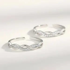 2pc Women's Adjustable Cross Weave Ring Wave Set Diamond Index Finger Ring for Christmas Birthday Valentine's Day