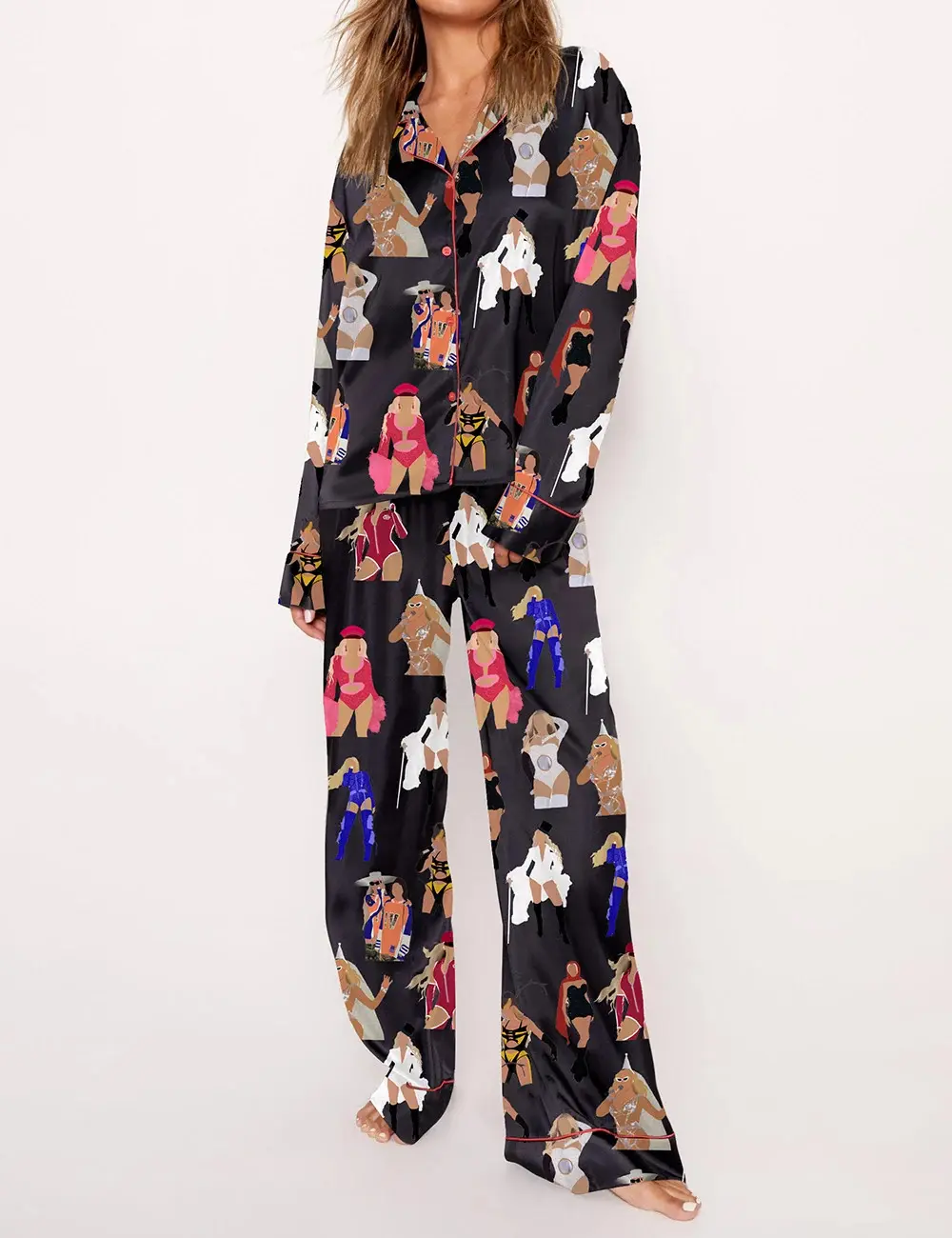 Women's Chic Graphic Satin Pajama Set, Casual 2-Piece Polyester Spandex Sleepwear with Long Sleeve Lapel Top and Elastic Pants with Pockets, Longsleeves, Loungewear, Polyester Blend, Machine Wash, Pyjamas