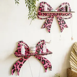 1Pc Bow-Shaped Wall-Mounted Jewelry Display Shelves, Pink Leopard Print Decorative Storage, Wall Mount Organizer, Floating Wall Shelves for Earrings, Necklaces, and Rings, Modern Home Decor