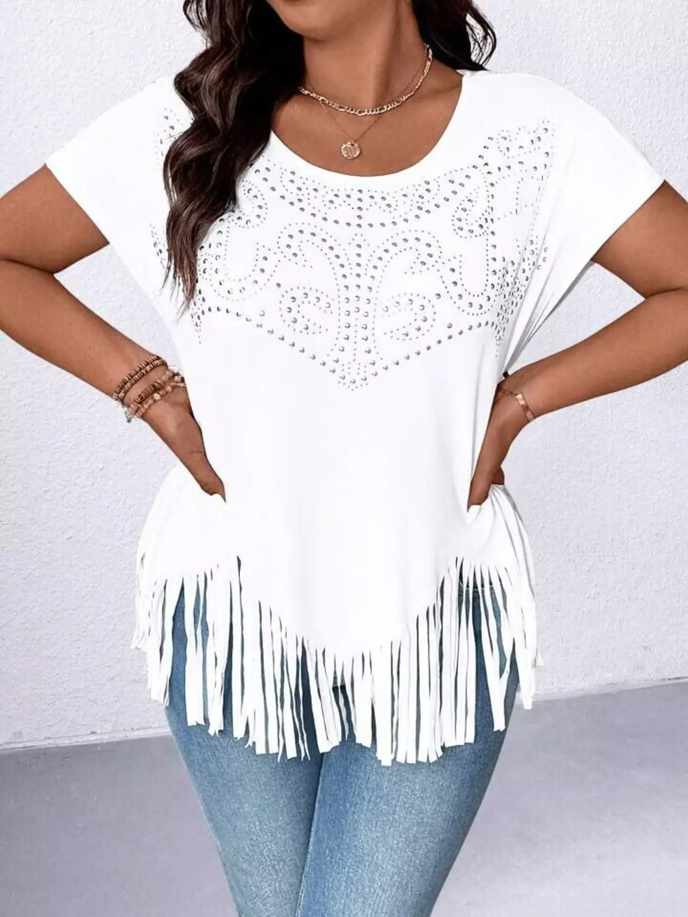 Plus Size Women's Lace Patchwork Textured Weave Elegant V-Neck Half Sleeve Loose Fit Shirt, Boho Style Long T-Shirt Fringe
