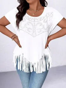 Plus Size Women's Lace Patchwork Textured Weave Elegant V-Neck Half Sleeve Loose Fit Shirt, Boho Style Long T-Shirt