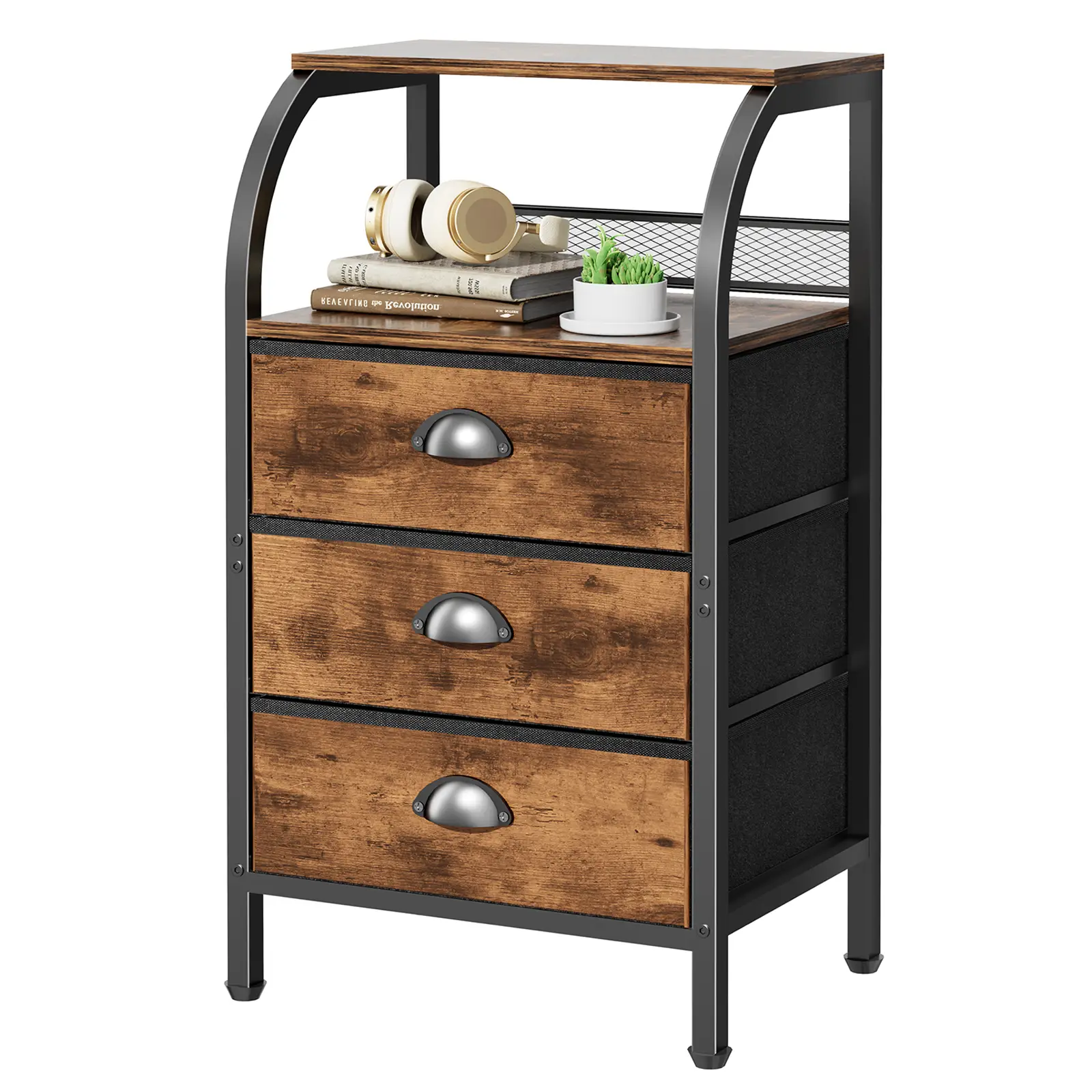 Jixlantuc Nightstand with 3 Drawers and 2-Tier Shelf, Fabric Small Dresser Organizer Vertical Storage Tower for Bedroom, Closet, Hallway, Nursery, End