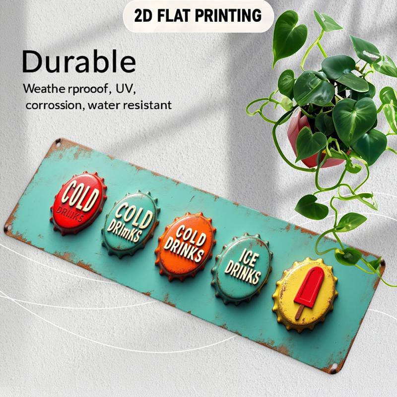 1PC 2D Plane Retro Turquoise Retro Restaurant Cold Drink Menu Board - Large Size 3.9x 15.7inch Iron Metal Sign, with Hat Ice Cream Beer Soda Icon, Can Be Hanged/Wall-Mounted, Suitable for Bars, Restaurants, Cave Decorations - Ideal Gift for Iced Coffe