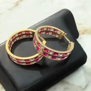 14K Gold Earrings with Gold Band and Pink Stones, Elegant Design, Perfect for Any Occasion