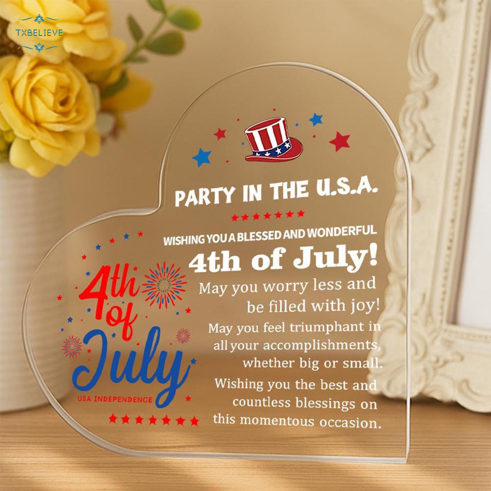 4th of July Gift Heart Shape Acrylic Ornament Block 3.9x3.9 inch for Women Patriotic Stars Stripes Home Desk Festive Glossy Finish