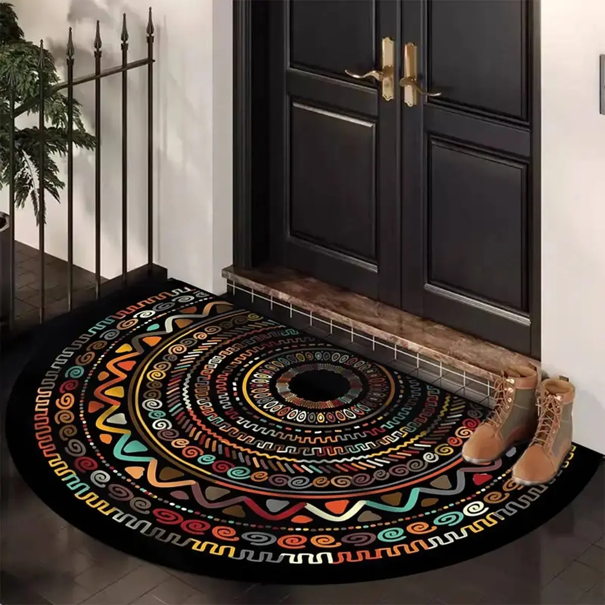 Bohemian Style Entrance Mat, Vintage Ethnic Rug, Half Round Welcome Carpet, Boho Area Rugs, Home Decorative Rug, Indoor Welcome Mat, No Fuzz Easy Care Durable Fabric, for Living Room Bedroom Entryway