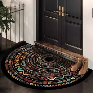 Bohemian Style Entrance Mat, Vintage Ethnic Rug, Half Round Welcome Carpet, Boho Area Rugs, No Fuzz Easy Care Durable Fabric, for Living Room Bedroom Entryway