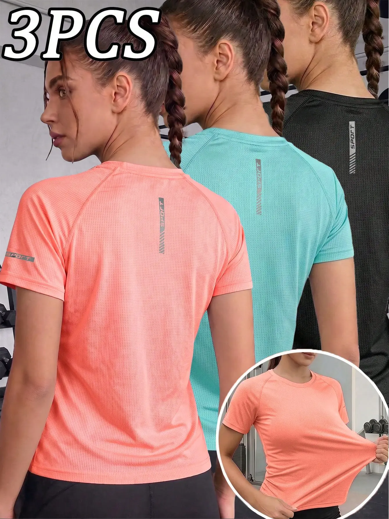Women's 3-Piece Black Crew-Neck Short-Sleeve T-Shirts for Women, Moisture-Wicking, Quick-Drying, Sporty Casual Running Gear, Ideal for Fitness, Outdoor Activities, T Shirts Women