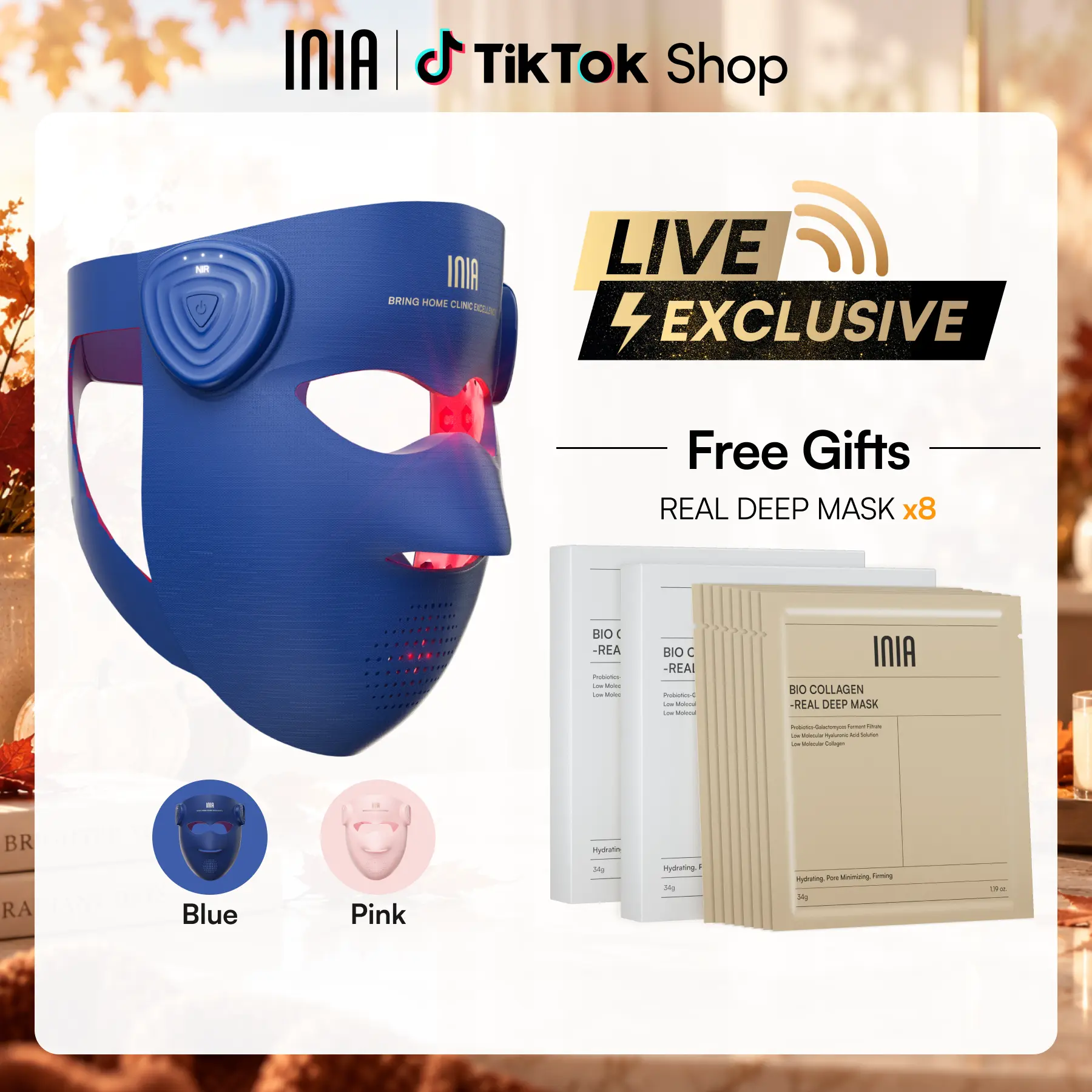 【LIVE EXCLUSIVE】INIA GLOW 940 nm 4D LED Mask & Hydrating Collagen Mask Bundle, Buy 1 Get 9 Free Hydrogel Masks, Dual NIR 940 + 850 nm, Visible Lift & Lasting Radiance, Cooling Therapy, Wireless Comfort