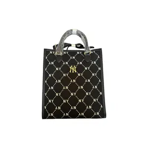 MLB Monogram PVC Tote Bag with Metal Logo for Men and Women, Medium Size, Black, 2023 Fall Winter Collection Casual Commuter Bag Canvas Tote Bags