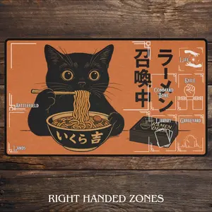 Cat Eating Ramen MTG Playmat With Zones Vintage Magic Card Games, Anime Desk Mat Noodle Illustration TCG Playmat DnD MTG Accessories