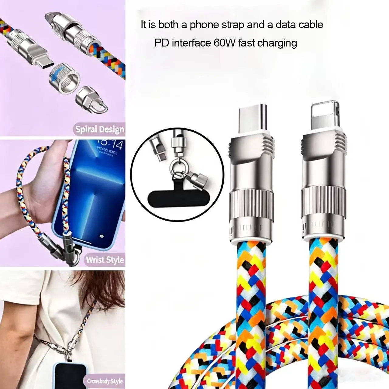 PD 60W 2-in-1 Anti-Loss Phone Lanyard, Cellphone Accessories, 0.3m Handheld, 1.2m Crossbody Strap, Charging Cable, Type-C to Lightning Data Cable, Compatible with iPhone 14/13/12/11/Pro Max/XR/XS/X/8/7/6 Plus/SE